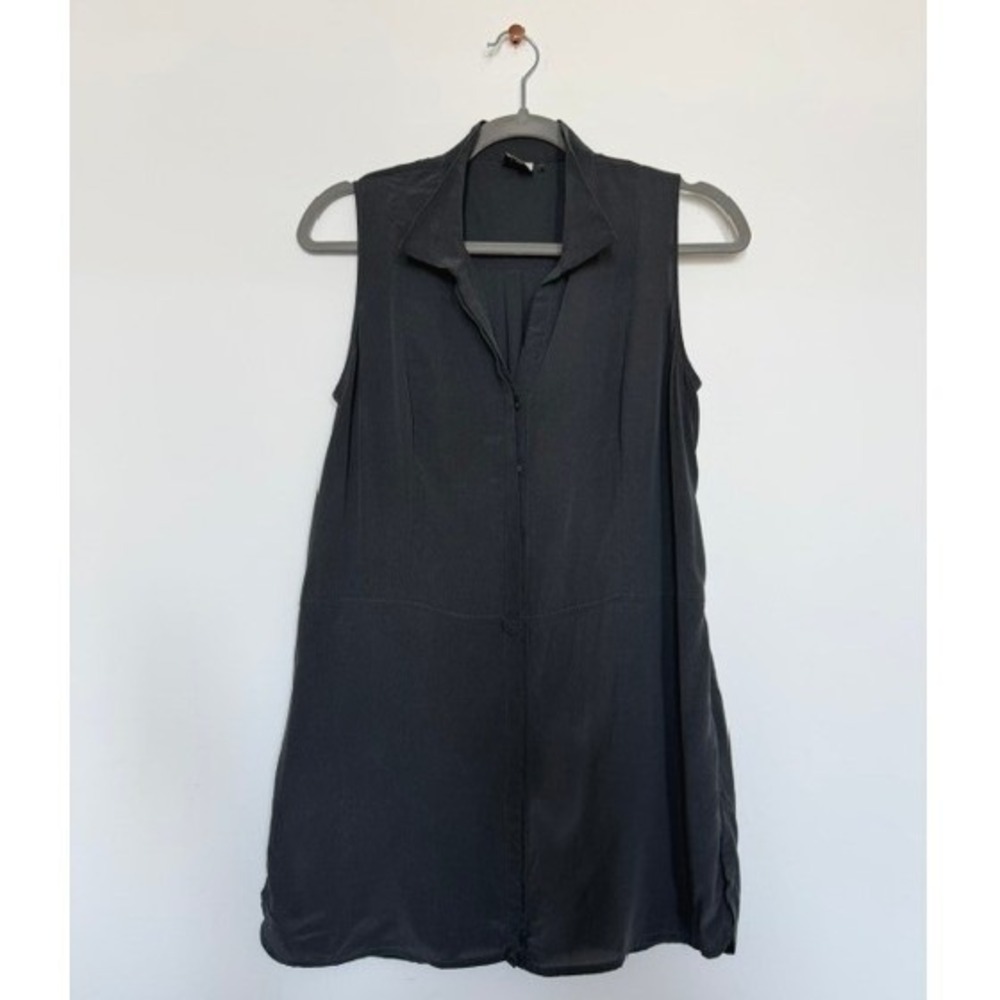 Ecru 100% Silk Charcoal Sleeveless Button Down Blouse | Tunic Top | Size Small